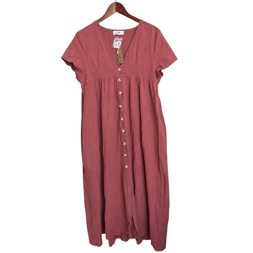 NWT Natural Life Button Front Midi Dress M Rose Pink Boho V-Neck Short Sleeve - Picture 2 of 9